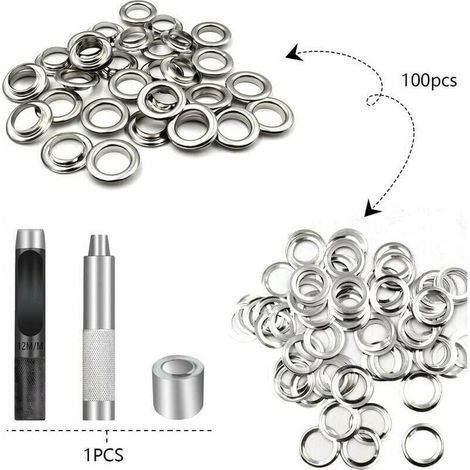 Trousse à illets Outils, Ensembles Oeillets 100 Set, Oeillets Pour Baches, Kit De Grommets Eyelets, Pour Toile Bache Tente De Réparation Argent 12mm(Diamètre Intérieur) (1/4)