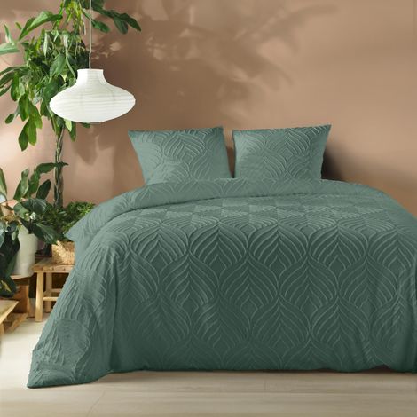 Housse de couette 240 x 220 cm microfibre unie tuftée HELTIE + 2 taies Cèdre