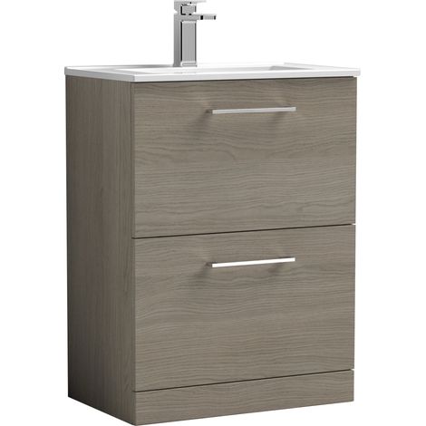 Nuie Arno Solace Oak Woodgrain 600mm 2 Drawer Vanity Unit and Minimalist Ceramic Basin - ARN2533B (1/5)