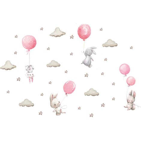 Autocollant Murale Ballon à Air Chaud - Décalcomanie Animaux Aquarelle - Décoration Chambre Enfant - Lapins et Ballons Rose - 115 x 376 cm (1/5)
