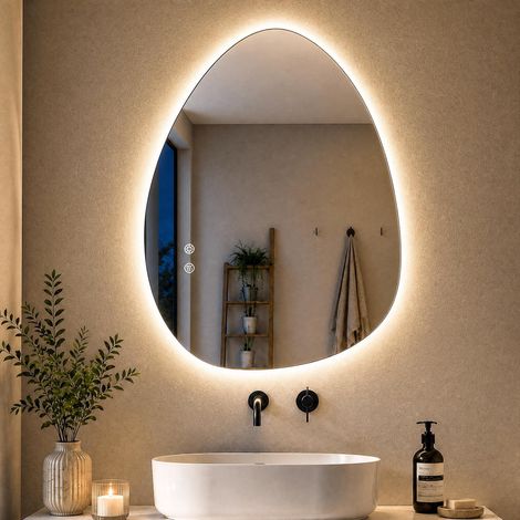 Miroir de Salle de Bain avec éclairage asymétrique 80 x 60 cm, Miroir LED avec 3 Couleurs de lumière à intensité Variable, Verre trempé, Interrupteur Tactile, Fonction mémoire, Anti-buée (1/5)