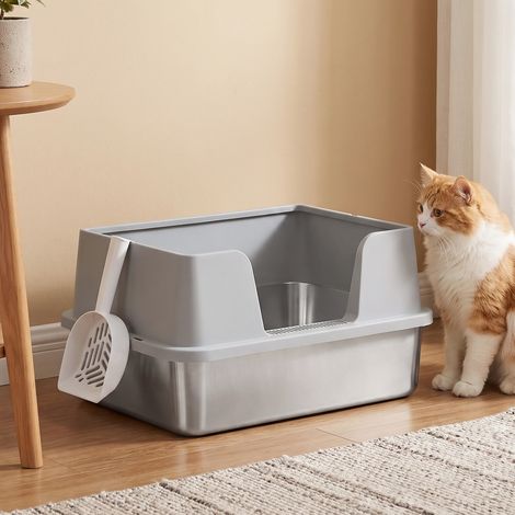 Bac à Litière pour Chat XXL en Acier Inoxydable avec Bords Hauts et Pelle, 61 x 41 x 30 cm, Gris (1/5)