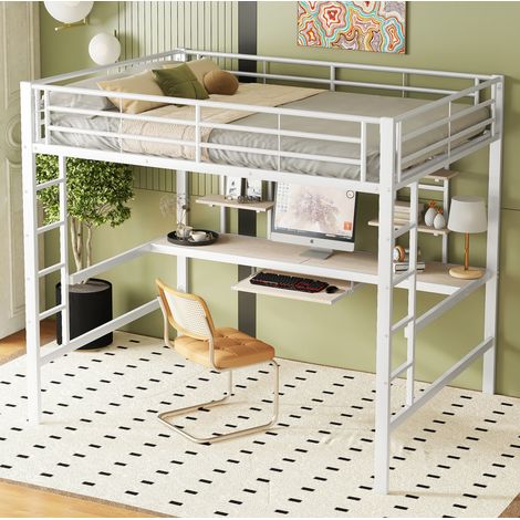 Lit mezzanine 204x145x180 cm avec bureau, 2 étagères et garde corps, structure métal et MDF blanc (1/5)