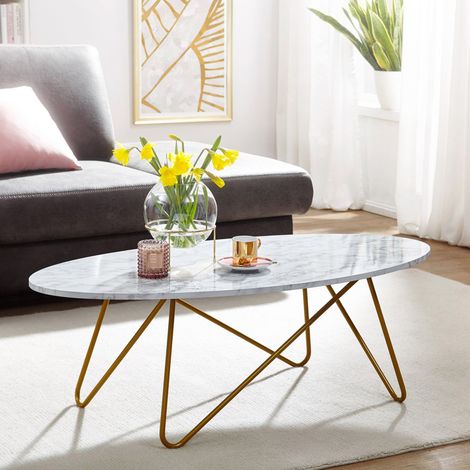 Table basse ovale 120x60x40 cm – Plateau en panneaux de particules avec revêtement PVC – Piètement en fer doré – Style moderne