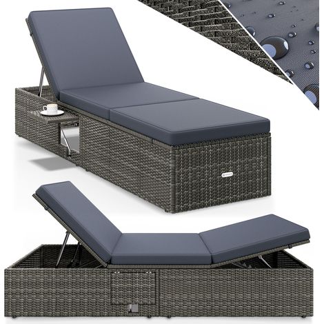 CASARIA® Polyrattan Sun Lounger with 7cm Thick Water Repellent Cushion Fold-Out Table 7-Way Adjustable Backrest 200x58cm Outdoor Patio Garden Pool Deck Chair Grau Anthrazit (de) (1/7)