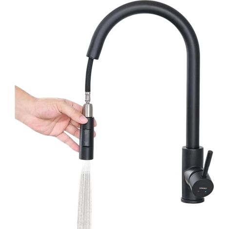 Robinet de cuisine à levier unique avec douchette extensible, acier inoxydable noir mat, rotation à 360°, cartouche en céramique, aérateur économe en eau (1/5)