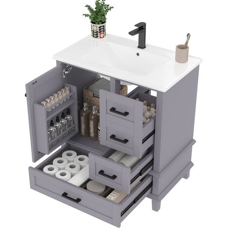 CHICFURN Mueble de baño 76x46x83,5 cm gris con lavabo cerámico integrado, 3 cajones (1/5)