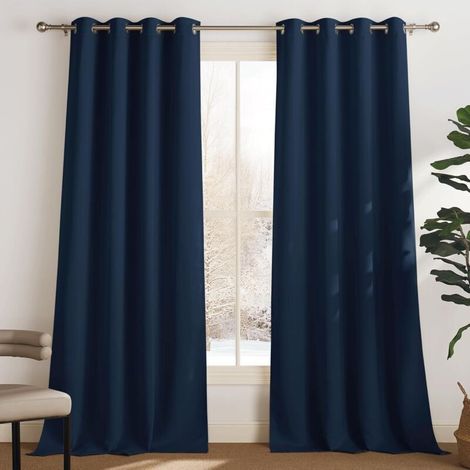 Lot de 2 Rideau Occultant Thermique Isolant Anti Froid et Chaleur 140x175 (lxH) Tenture Opaque à Oeillets Isolation Lumiere Uv Decoration Chambre Maison Salon Intérieurs, Bleu Foncé (1/5)