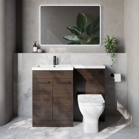Napoli 460 Brown Oak 1100mm 2 Door Vanity Unit Toilet Suite with Left Hand Square Lucia Basin - 1100mm - Matt Black 160mm HandleWith Kingston Toilet Pan and Seat
