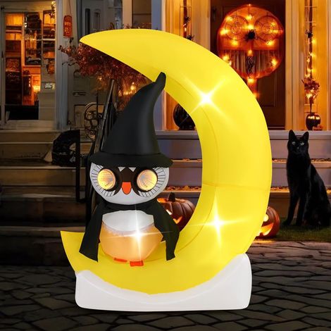 GOPLUS Halloween Décoration Gonflable, Hibou Gonfalbl Illuminé sur Un Croissant de Lune avec Chapeau de Sorcièr, Lumières Miroir Intégrées, Décoration Extérieure,Intérieure, pour Jardin, Cour, Porche (1/2)