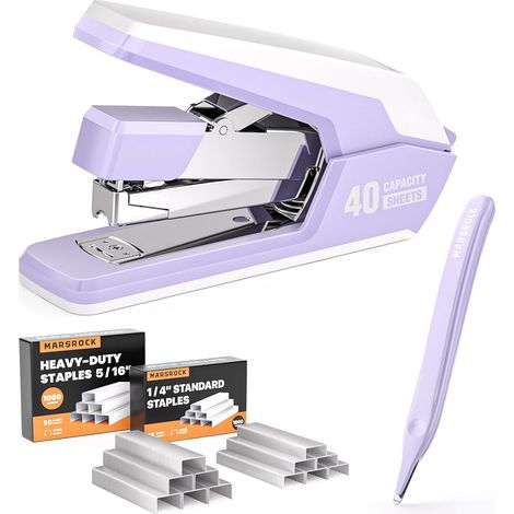 Agrafeuse de Bureau Lourd Sans Effort, Capacité 40 Feuilles, Agrafage à 1 Doigt, Ergonomique et Facile à Charger, Comprend 2000 Agrafes et un Dissolvant D'agrafes Magnétique, Violet (1/5)