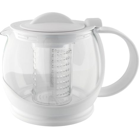 Théière, blanche, 1200 ml / 4-6 tasses, corps en verre transparent, boîtier en plastique, théière avec panier infuseur, passoire à thé en vrac, lavable au lave-vaisselle (1/5)