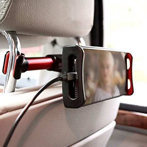 Support téléphone tablette pour voiture, support appui-tête 360° rotatif, fixations siège arrière rouge (1/5)