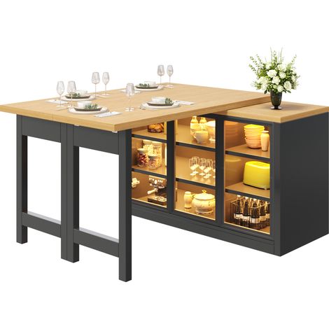 Îlot de cuisine extensible avec buffet latéral pivotant à 360°, rangement, portes vitrées et éclairage LED multicolore, noir, MDF et verre  CHICFURN (1/5)