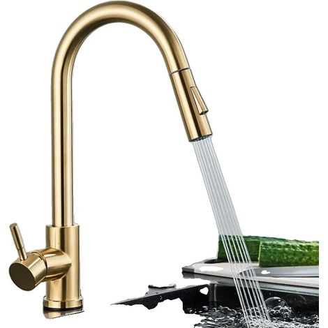Robinet de cuisine, design moderne, douchette extensible, construction en laiton durable, finition or brossé (1/2)