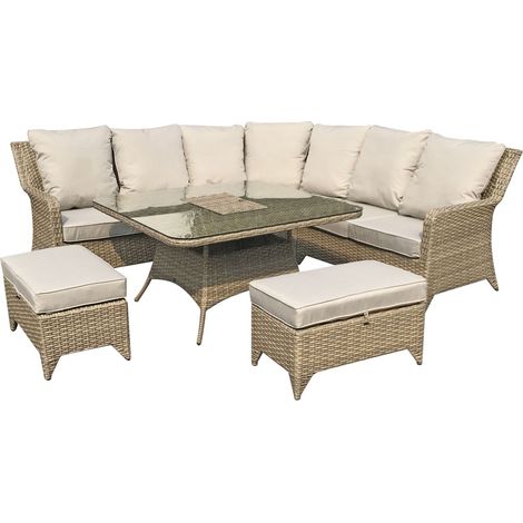 Signature Weave Sarah Wicker Corner Sofa Dining Table Bench Ice Bucket Set Beige