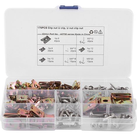 Assortment of rustproof U-shaped clip nuts, automotive interior trim fasteners with stainless steel screws (1/5)