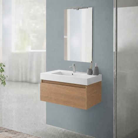 Mobile bagno sospeso 80 cm in rovere naturale con cassetto e lavabo in resina Nadia (1/5)