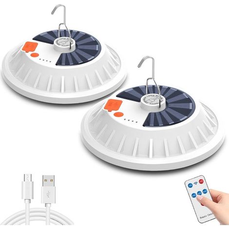 Lot de 2 Lampe Camping Solaire, Lampe Exterieur Rechargeable par USB avec Télécommande, 5 modes avec crochet, Lanterne de Camping Étanche Portable pour la randonnée, la pêche, les urgences (1/5)