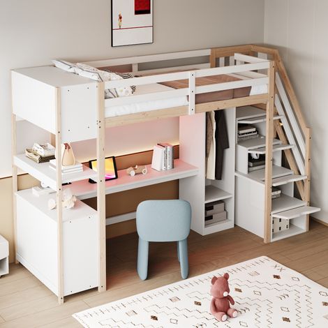 Lit Mezzanine 90 x 200 cm avec Bureau, Armoire, Escalier de Rangement, Prises et LED, sans Matelas, en Bois, Bois Naturel