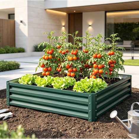 Orto rialzato 120x120x30 cm in acciaio zincato verde scuro per giardino - MEUBLIV (1/5)