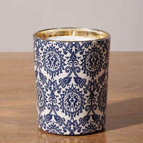 Bougie Antoinette bleue et blanche céramique 9x10cm (1/3)