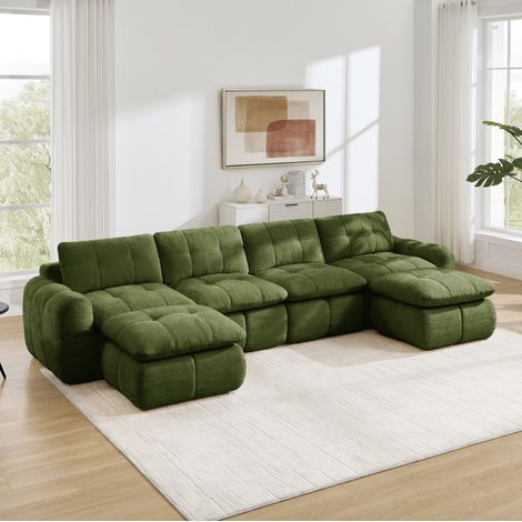 Divano modulare a U 4 posti, 334 x 160 x 68 cm, ciniglia verde, con 2 pouf, senza montaggio DESVIAE (1/5)