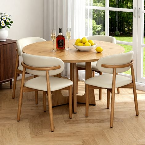 Ensemble table à manger ronde (1 table + 4 chaises) plateau en MDF plaqué chêne chaises en chêne massif avec placage bois naturel idéal pour séjour et salle à manger