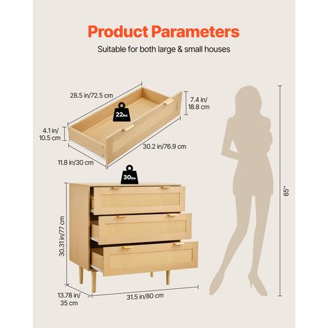 Commode en rotin à 3 tiroirs meuble de rangement avec poignées en (1/5)