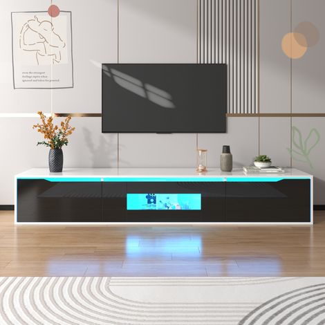 Tanant – Meuble TV 180 cm bicolore avec éclairage LED 16 couleurs – Finition brillante – 3 portes et 2 compartiments – Style contemporain noir (1/5)