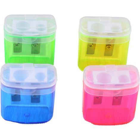 Lot de 4 taille-crayon, double trou, lame acier carbone, réservoir intégré, transparent, pour école bureau voyage (1/5)