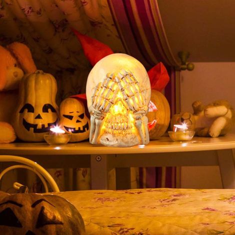 Statues de squelettes lumineux pour Halloween : figurines de squelettes réalistes « Ne rien entendre, ne rien voir, ne rien dire », décorations pour fêtes à la maison.
