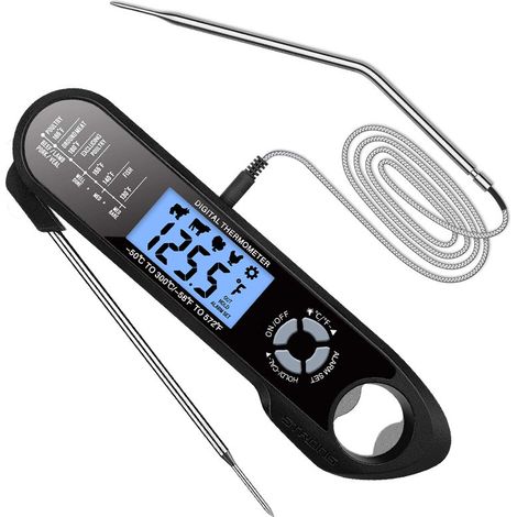 Küchenthermometer, digitales LCD-Sofortanzeige-Thermometer mit Doppelfühler und langem Kabel, Alarmfunktion und Magnet, voreingestellte Temperatur für Fleisch, Grillgut, Gebäck, Milch usw. (1/5)
