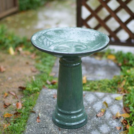 Bain d'oiseaux 31,5x31,5x38 cm en céramique vert foncé, antidérapant, pour jardin – MEUBLIV (1/5)