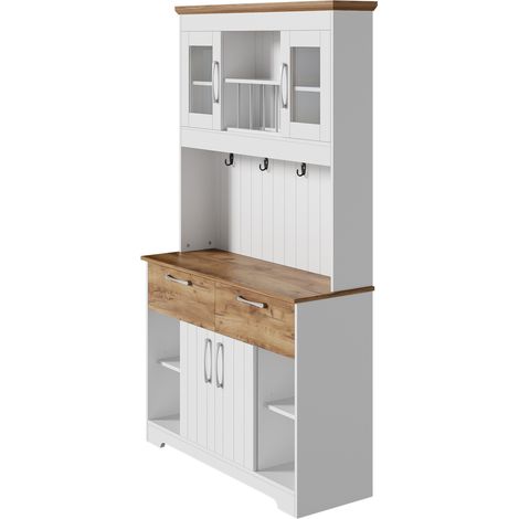 Credenza cucina alta con vetrina, 2 cassetti, ganci e ante, bianco e effetto legno 106 cm (1/5)