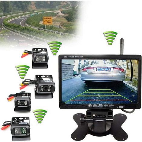 4X Kabellos Nachtsicht Rückfahrkamera, Funk Einparkhilfe mit 7" LCD Drahtloser Monitor 18 IR LEDs Nachtsicht Wasserdicht IP67 Drahtlos AutoKamera für Anhänger Bus LKW