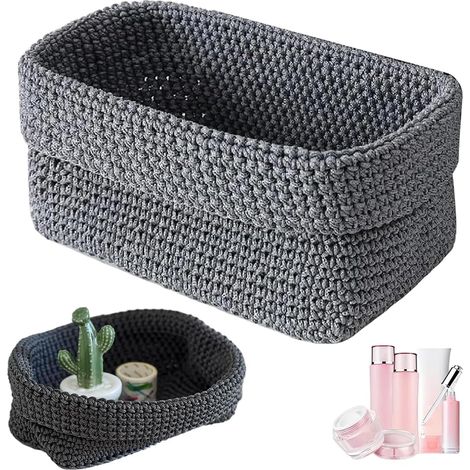 Panier Tressé Gris, Panier de Rangement Tissé à La Main, 21cm x13cm x15.5cm, Petit Panier Rangement, panier de rangement salle de bain polyvalents pour les serviettes,les cos (1/5)