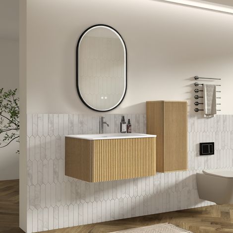 Lavabo en et meuble de salle bain armoire sous-meuble chêne bois avec suspendu noir taille 80cm couleur pour style (1/4)