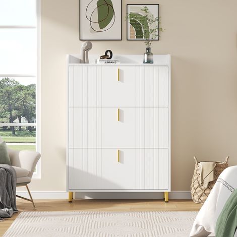 Zapatero 80 x 23,5 x 123,5 cm - con 3 puertas,  6 compartimentos -  dispositivo antivuelco para la entrada - blanco (1/5)