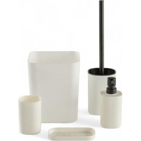 Set aus 5 Teilen für das Badezimmer - HEUTE - NUTZUNG - Seifenspender, Zahnputzbecher, Seifenablage, WC-Bürste, Mülleimer - Weiß