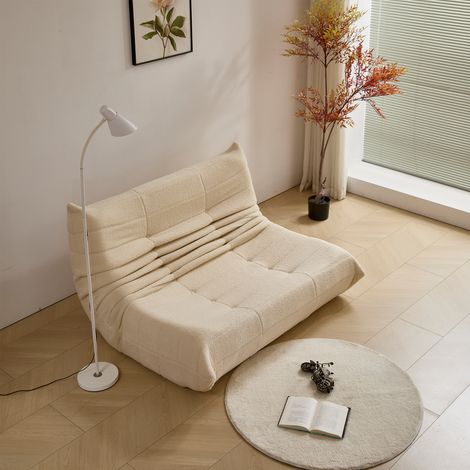 Canapé 2 places beige en tissu teddy avec mousse haute densité HAVRYA (1/5)