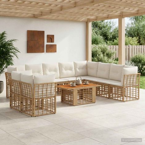 vidaXL Set Divano da Giardino 11 pz Naturale e Bianco Crema polyrattan (1/5)