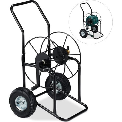Relaxdays Hose Cart, Portable, 1/2” & 3/4” Connectors, For 80 m Garden Hosepipe, 2 Wheels, Metal, Black