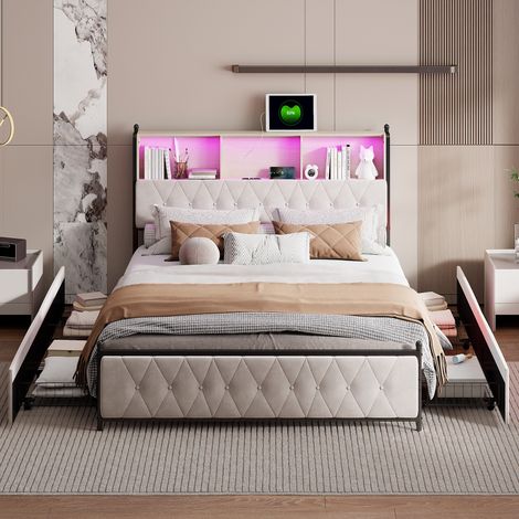 Tanant – Lit avec tiroirs 180x200 cm – 4 tiroirs de rangement – Tête de lit avec ports USB et éclairage LED – Lit adulte style scandinave beige (1/5)