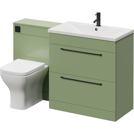 Napoli 460 Cento Olive Green 1400mm 2 Drawer Vanity Unit Toilet Suite with Glide Basin - 1400mm - Matt Black 480mm HandleWith Kingston Toilet Pan and Seat