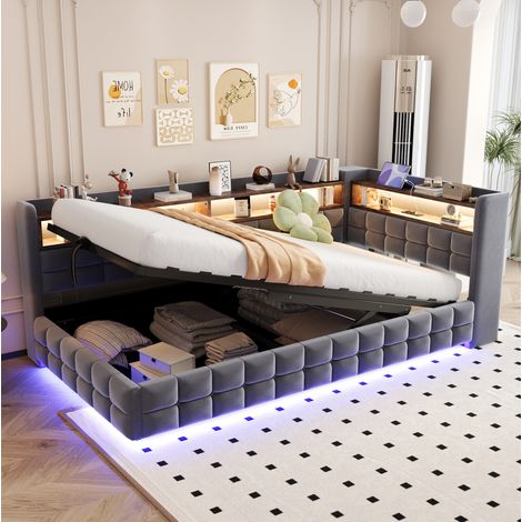 Lit banquette 90x200 cm velours gris foncé, rangement LED, gain de place, sans matelas – MEUBLIV (1/5)