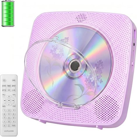 Lecteur CD Portable Bluetooth 1800mah Lecteur CD de Bureau pour la Maison Lecteurs CD avec Deux Haut - parleurs Télécommande Housse Anti-poussière Affichage Radio FM Minuterie USB Aux (Violet) (1/5)