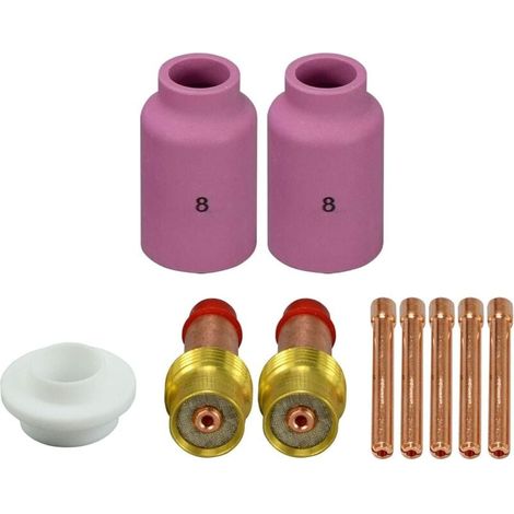 Kit d’accessoires pour soudage TIG : buse céramique 54N148 (Ø 19 mm, L 42 mm), porte-électrode 10N24, lentille gazeuse 2,4 mm, isolateurs 2,4 mm, joint torique 54N01, compatible avec torches WP-17, WP