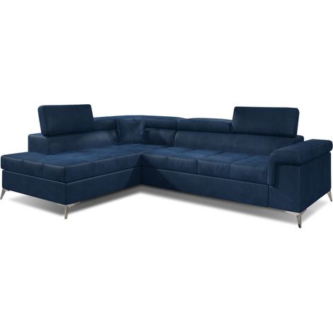 Canapé d'angle convertible velours MARIDO - Coffre et appuis-tête réglables-Bleu foncé-angle gauche (1/5)
