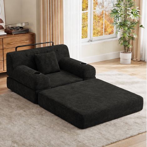 Sofá cama de tela de pana negra 107 x 80 x 81 cm, ahorra espacio FloraGrace (1/5)